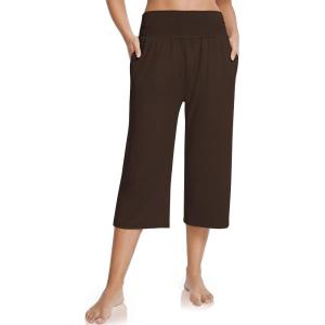 UEU Women’s Capri Pants Summer Loose Yoga Pants Comfy Workout Cropprd Pants with Pockets(Dark Coffee)