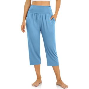 UEU Women’s Capri Pants Summer Loose Yoga Pants Comfy Workout Cropprd Pants with Pockets(Mid Blue)