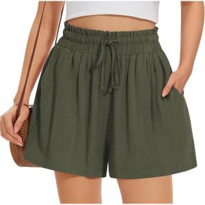 UEU Womens Linen Casual Shorts Summer Ruffle High Waisted Wide Leg Drawstring Beach Pleated Lounge Short with Pockets(Army Green)