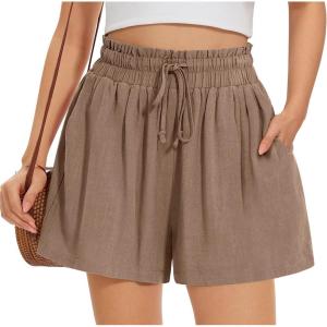 UEU Womens Linen Casual Shorts Summer Ruffle High Waisted Wide Leg Drawstring Beach Pleated Lounge Short with Pockets(Dark Khaki)