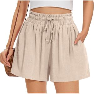 UEU Womens Linen Casual Shorts Summer Ruffle High Waisted Wide Leg Drawstring Beach Pleated Lounge Short with Pockets(Heather Light Khaki)