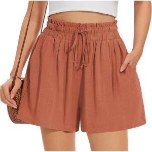UEU Womens Linen Casual Shorts Summer Ruffle High Waisted Wide Leg Drawstring Beach Pleated Lounge Short with Pockets(Light Red Brown)