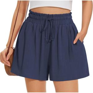 UEU Womens Linen Casual Shorts Summer Ruffle High Waisted Wide Leg Drawstring Beach Pleated Lounge Short with Pockets(Navy)