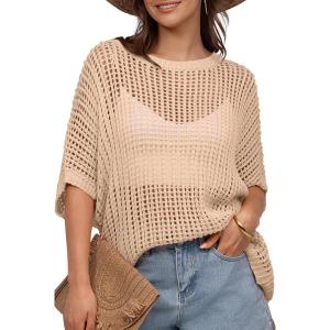 UEU Womens Summer Tops Crochet Short Sleeve Mesh Knit Sweater Shirts Beach Swimsuit Swim Cover Ups 2025 Trendy Outfits(Apricot)