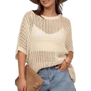 UEU Womens Summer Tops Crochet Short Sleeve Mesh Knit Sweater Shirts Beach Swimsuit Swim Cover Ups 2025 Trendy Outfits(Beige)