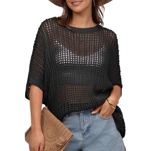 UEU Womens Summer Tops Crochet Short Sleeve Mesh Knit Sweater Shirts Beach Swimsuit Swim Cover Ups 2025 Trendy Outfits(Black)