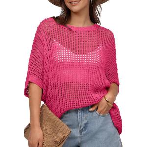 UEU Womens Summer Tops Crochet Short Sleeve Mesh Knit Sweater Shirts Beach Swimsuit Swim Cover Ups 2025 Trendy Outfits(Hot Pink)