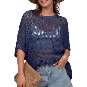 UEU Womens Summer Tops Crochet Short Sleeve Mesh Knit Sweater Shirts Beach Swimsuit Swim Cover Ups 2025 Trendy Outfits(Navy Blue)