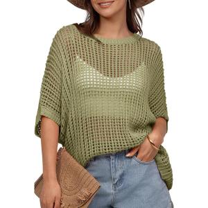 UEU Womens Summer Tops Crochet Short Sleeve Mesh Knit Sweater Shirts Beach Swimsuit Swim Cover Ups 2025 Trendy Outfits(Olive Green)