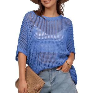 UEU Womens Summer Tops Crochet Short Sleeve Mesh Knit Sweater Shirts Beach Swimsuit Swim Cover Ups 2025 Trendy Outfits(Sea Blue)