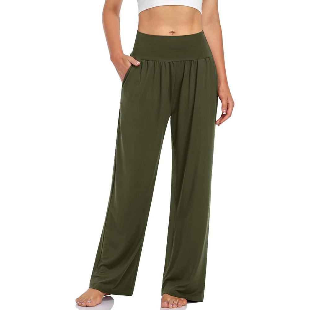 image:imageUEU Womens Casual Loose Wide Leg Cozy Pants Yoga Sweatpants Comfy High Waisted Sports Athletic Lounge Pants with PocketsArmy Green