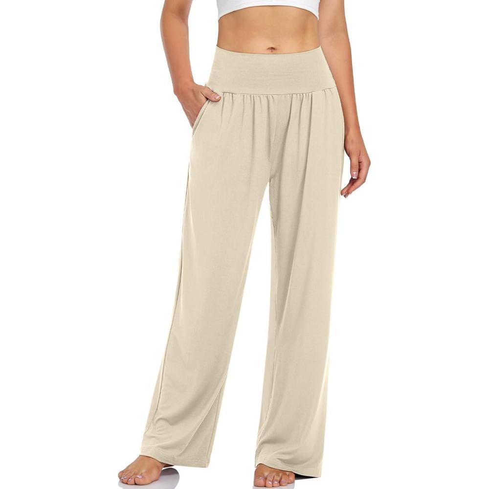 image:imageUEU Womens Casual Loose Wide Leg Cozy Pants Yoga Sweatpants Comfy High Waisted Sports Athletic Lounge Pants with PocketsCream