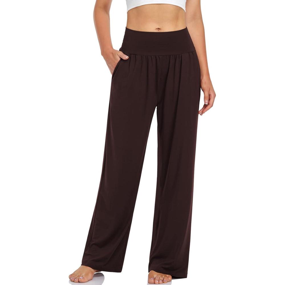 image:imageUEU Womens Casual Loose Wide Leg Cozy Pants Yoga Sweatpants Comfy High Waisted Sports Athletic Lounge Pants with PocketsDark Coffee