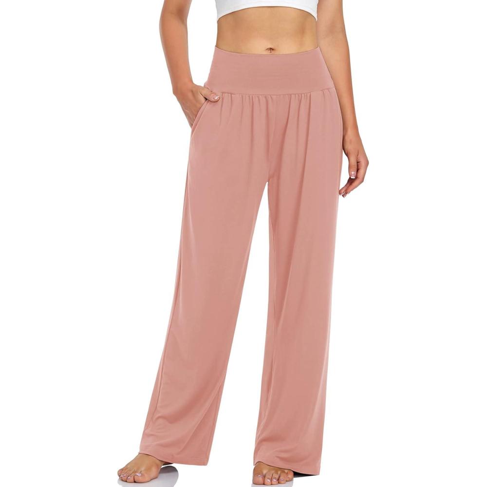 image:imageUEU Womens Casual Loose Wide Leg Cozy Pants Yoga Sweatpants Comfy High Waisted Sports Athletic Lounge Pants with PocketsDusty Pink