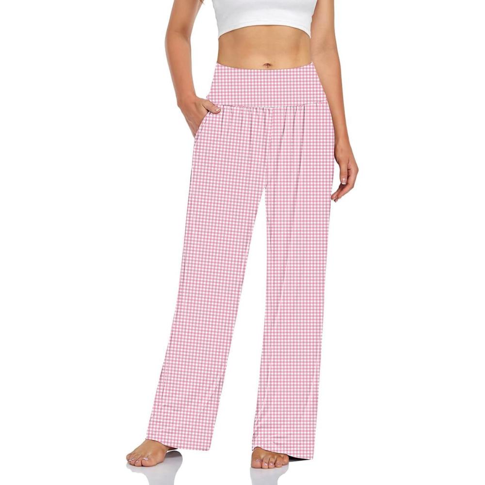 image:imageUEU Womens Casual Loose Wide Leg Cozy Pants Yoga Sweatpants Comfy High Waisted Sports Athletic Lounge Pants with PocketsGrid Pink White