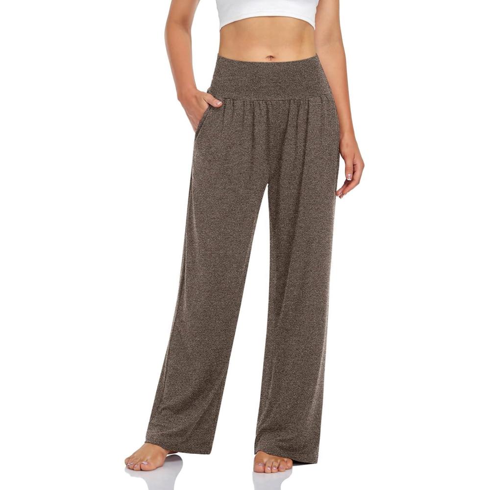 image:imageUEU Womens Casual Loose Wide Leg Cozy Pants Yoga Sweatpants Comfy High Waisted Sports Athletic Lounge Pants with PocketsHeather Coffee