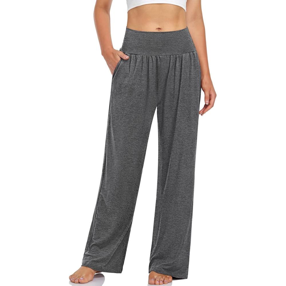 image:imageUEU Womens Casual Loose Wide Leg Cozy Pants Yoga Sweatpants Comfy High Waisted Sports Athletic Lounge Pants with PocketsHeather Dark Gray