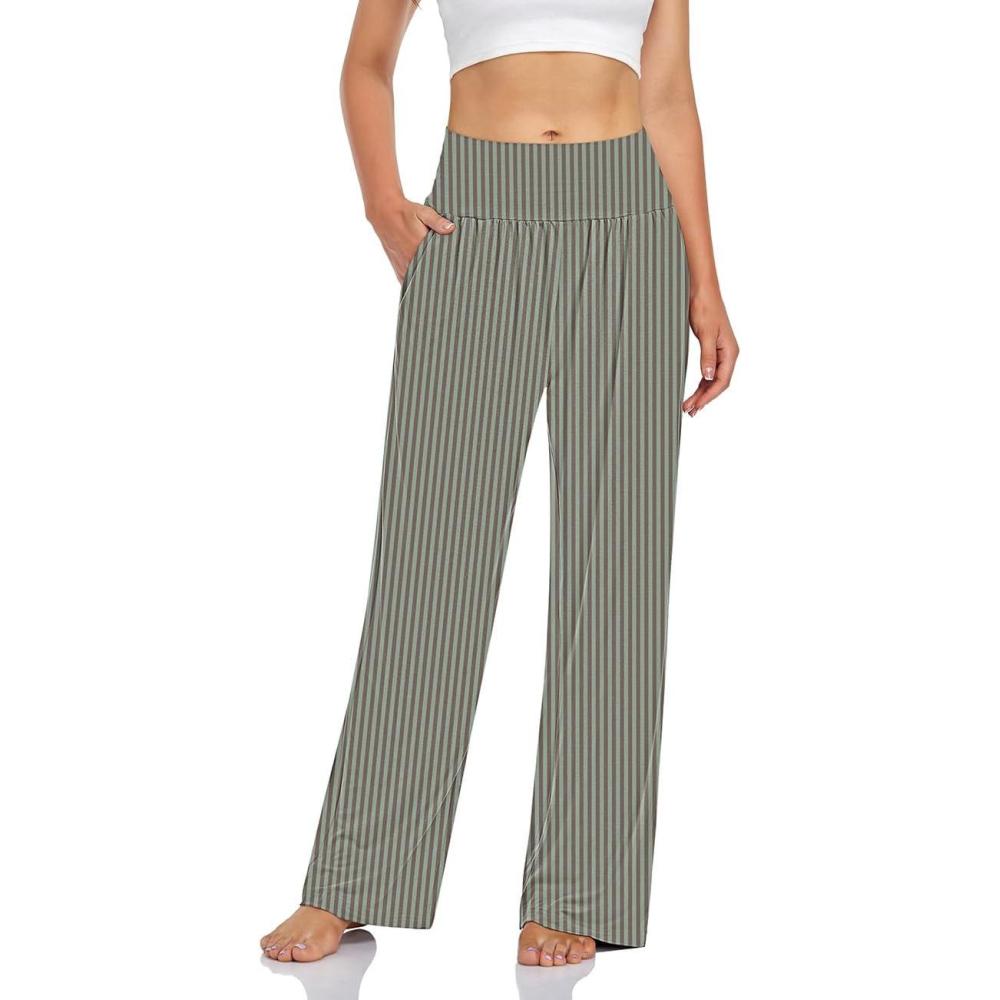 image:imageUEU Womens Casual Loose Wide Leg Cozy Pants Yoga Sweatpants Comfy High Waisted Sports Athletic Lounge Pants with PocketsStripe Green Coffee