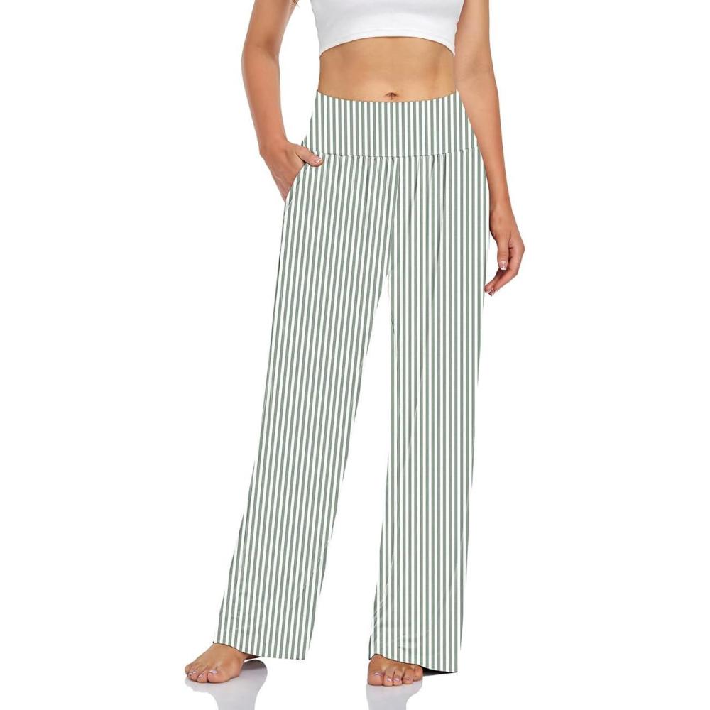 image:imageUEU Womens Casual Loose Wide Leg Cozy Pants Yoga Sweatpants Comfy High Waisted Sports Athletic Lounge Pants with PocketsStripe Green White