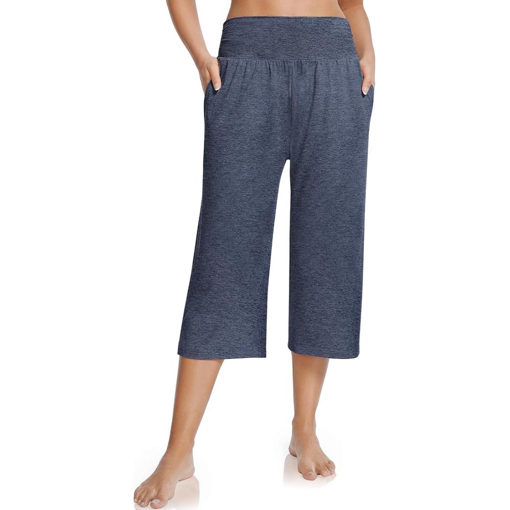image:imageUEU Womens Summer Capris Yoga Pants for Women High Waisted Casual Wide Leg Loose Soft Pajamas with PocketsHeather Navy