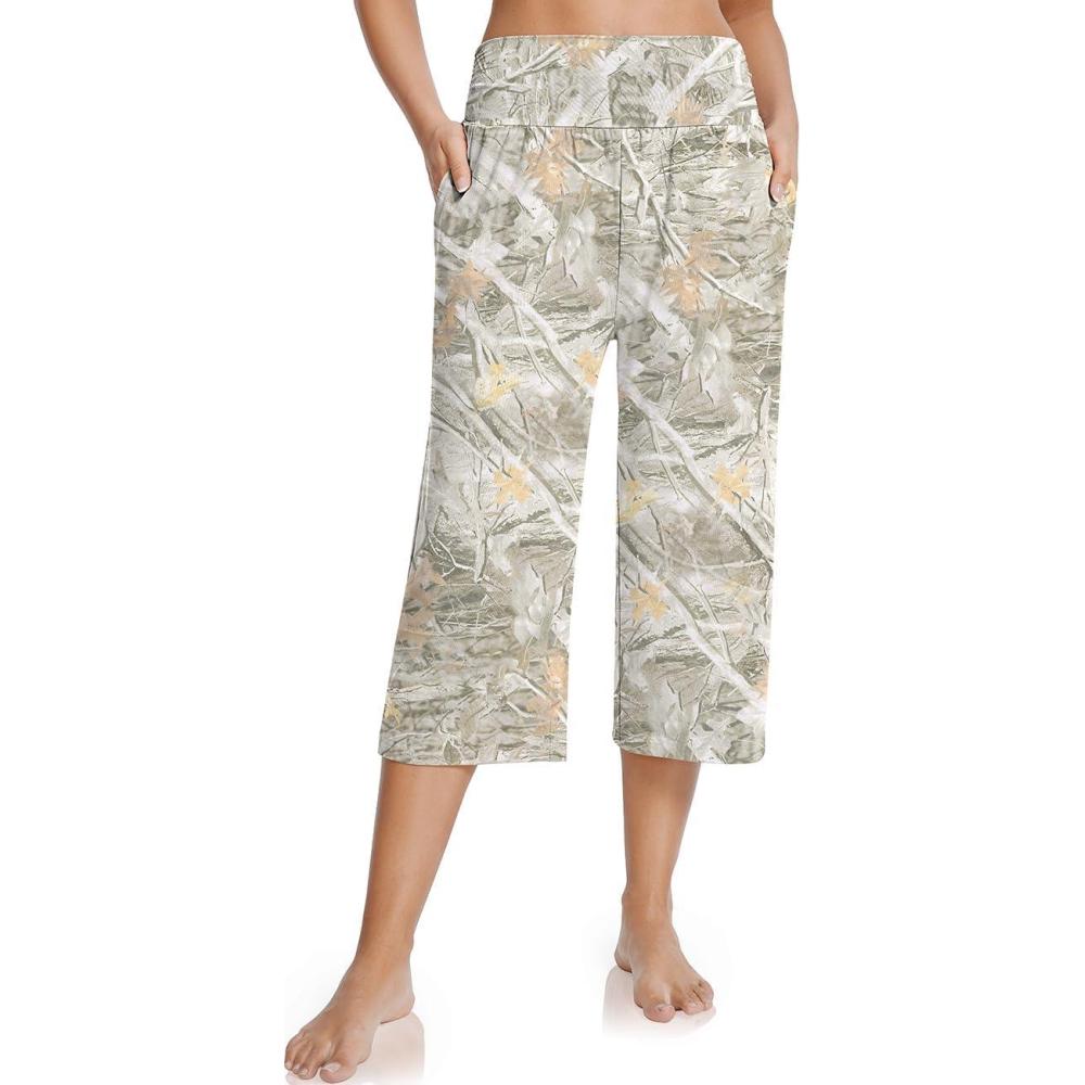 image:imageUEU Womens Summer Capris Yoga Pants for Women High Waisted Casual Wide Leg Loose Soft Pajamas with PocketsMaple Leaf Apricot