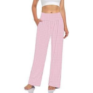 UEU Women’s Casual Loose Wide Leg Cozy Pants Yoga Sweatpants Comfy High Waisted Sports Athletic Lounge Pants with Pockets(Grid Pink White)