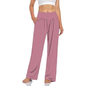 UEU Women’s Casual Loose Wide Leg Cozy Pants Yoga Sweatpants Comfy High Waisted Sports Athletic Lounge Pants with Pockets(Grid Red Wite)