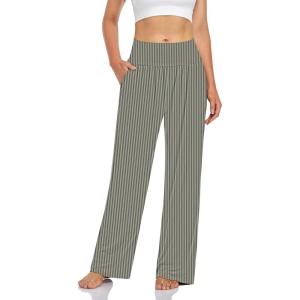UEU Women’s Casual Loose Wide Leg Cozy Pants Yoga Sweatpants Comfy High Waisted Sports Athletic Lounge Pants with Pockets(Stripe Green Coffee)
