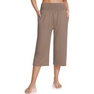 UEU Women’s Summer Capris Yoga Pants for Women High Waisted Casual Wide Leg Loose Soft Pajamas with Pockets(Light Coffee)