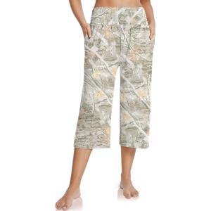 UEU Women’s Summer Capris Yoga Pants for Women High Waisted Casual Wide Leg Loose Soft Pajamas with Pockets(Maple Leaf Apricot)