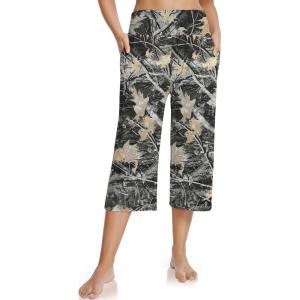 UEU Women’s Summer Capris Yoga Pants for Women High Waisted Casual Wide Leg Loose Soft Pajamas with Pockets(Maple Leaf Black)