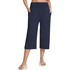 UEU Women’s Summer Capris Yoga Pants for Women High Waisted Casual Wide Leg Loose Soft Pajamas with Pockets(Navy)