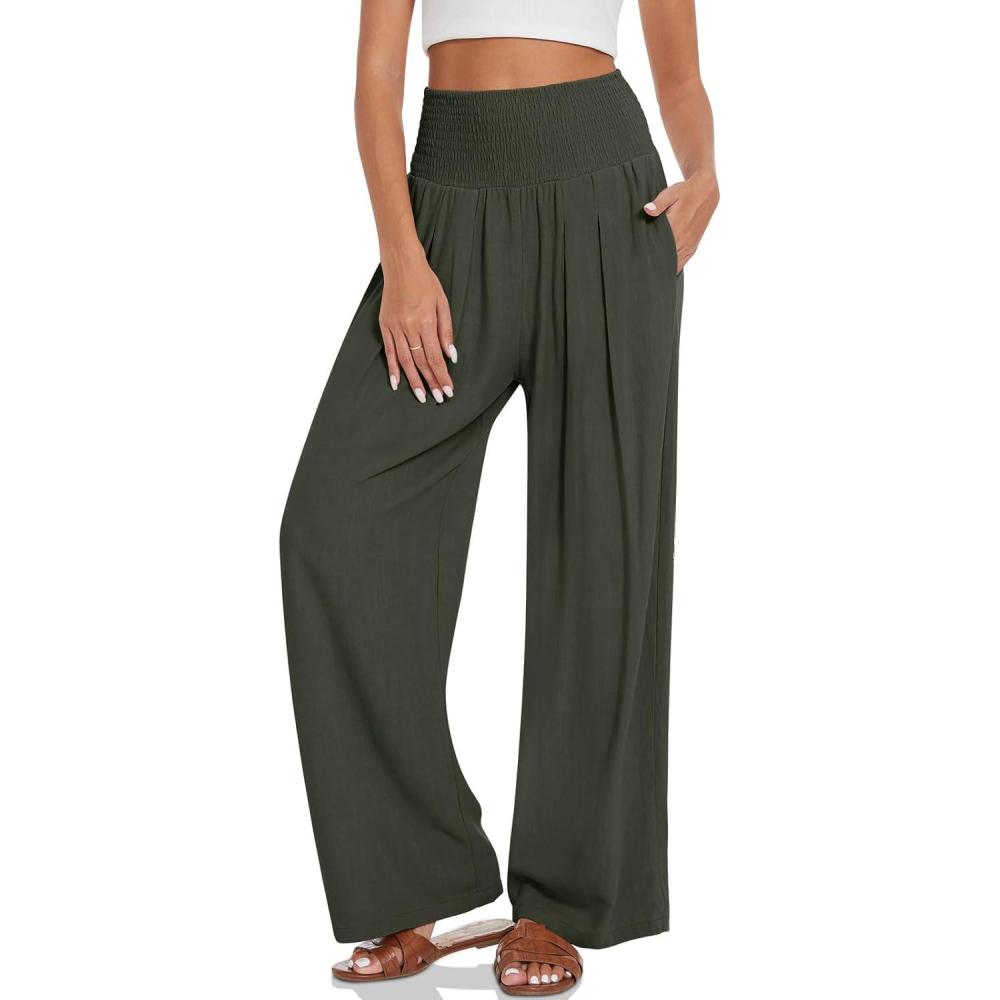 image:imageUEU Womens Linen Palazzo Pants Wide Leg High Waisted Lounge Casual Beach Pants with PocketsArmy Green