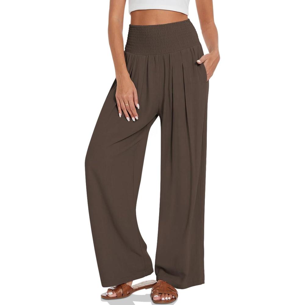 image:imageUEU Womens Linen Palazzo Pants Wide Leg High Waisted Lounge Casual Beach Pants with PocketsDark Coffee