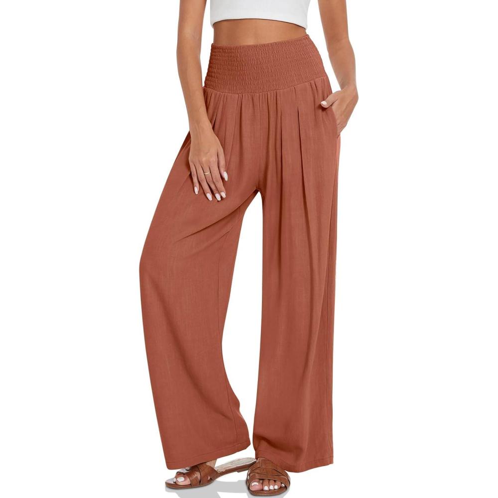 image:imageUEU Womens Linen Palazzo Pants Wide Leg High Waisted Lounge Casual Beach Pants with PocketsLight Red Brown