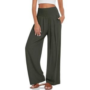 UEU Women’s Linen Palazzo Pants Wide Leg High Waisted Lounge Casual Beach Pants with Pockets(Army Green)