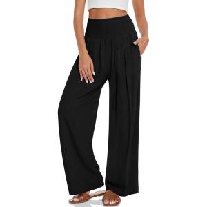 UEU Women’s Linen Palazzo Pants Wide Leg High Waisted Lounge Casual Beach Pants with Pockets(Black)