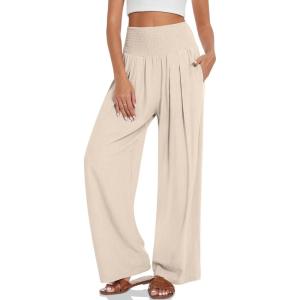 UEU Women’s Linen Palazzo Pants Wide Leg High Waisted Lounge Casual Beach Pants with Pockets(Heather Light Khaki)