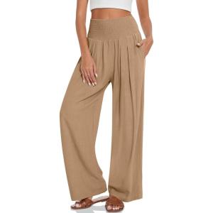 UEU Women’s Linen Palazzo Pants Wide Leg High Waisted Lounge Casual Beach Pants with Pockets(Light Brown)