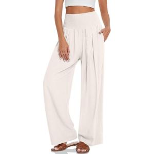 UEU Women’s Linen Palazzo Pants Wide Leg High Waisted Lounge Casual Beach Pants with Pockets(Milky White)