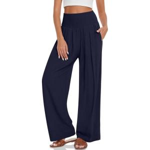 UEU Women’s Linen Palazzo Pants Wide Leg High Waisted Lounge Casual Beach Pants with Pockets(Navy)