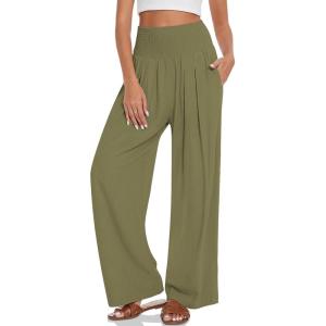UEU Women’s Linen Palazzo Pants Wide Leg High Waisted Lounge Casual Beach Pants with Pockets(Olive Green)