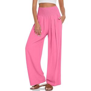 UEU Women’s Linen Palazzo Pants Wide Leg High Waisted Lounge Casual Beach Pants with Pockets(Rose)