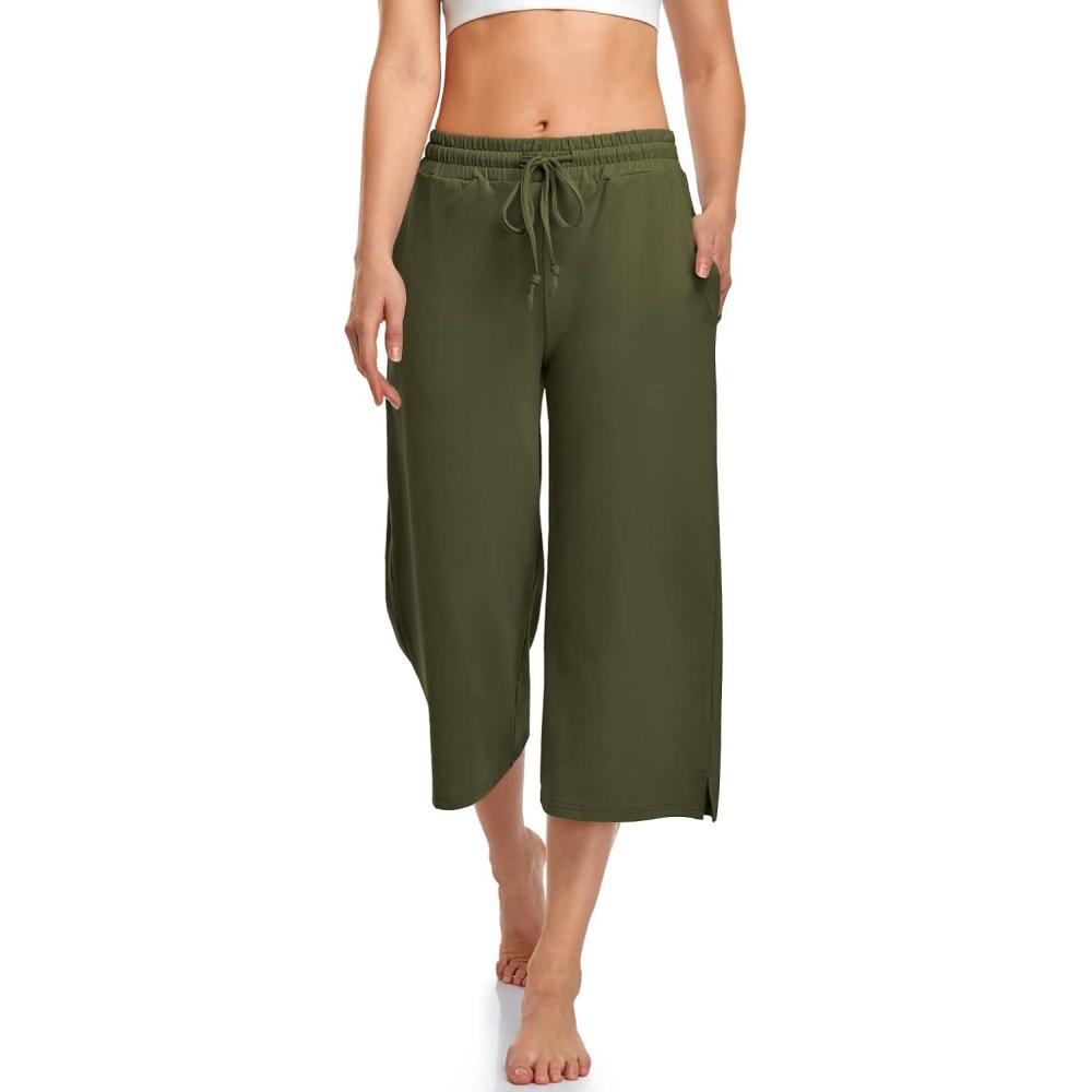 image:imageUEU Womens Capri Yoga Pants Summer Wide Leg Loose Casual Cropped Lounge Drawstring Pajama Capris Sweatpants with PocketsArmy Green