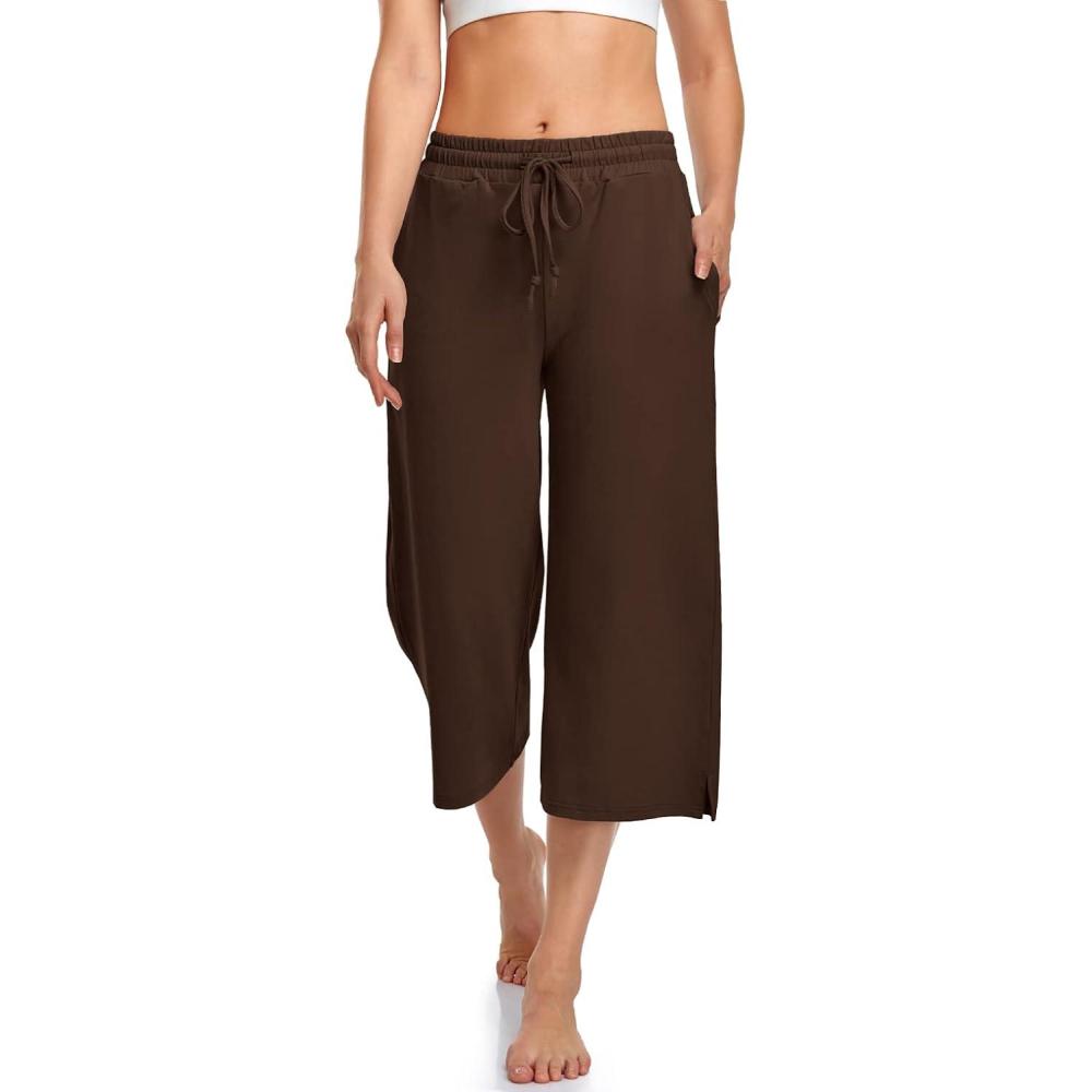 image:imageUEU Womens Capri Yoga Pants Summer Wide Leg Loose Casual Cropped Lounge Drawstring Pajama Capris Sweatpants with PocketsDark Coffee