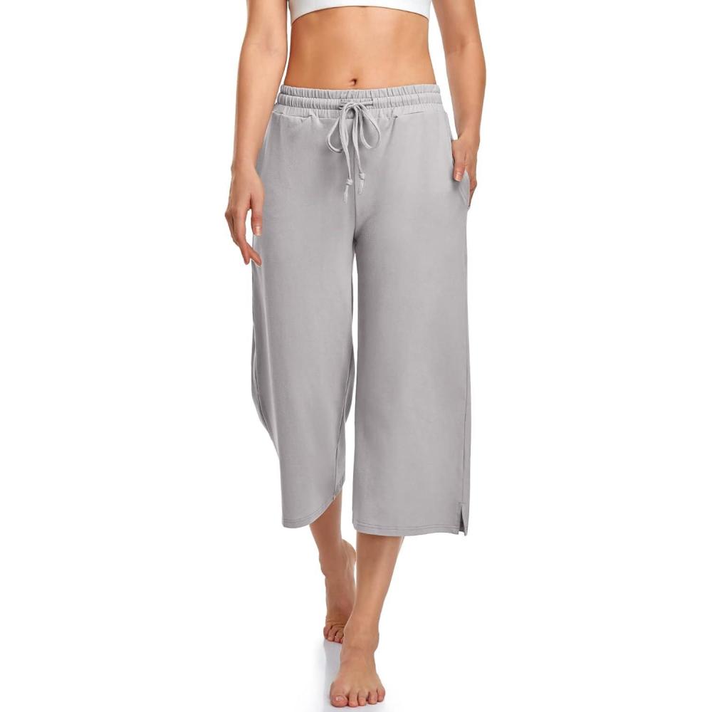 image:imageUEU Womens Capri Yoga Pants Summer Wide Leg Loose Casual Cropped Lounge Drawstring Pajama Capris Sweatpants with PocketsGray