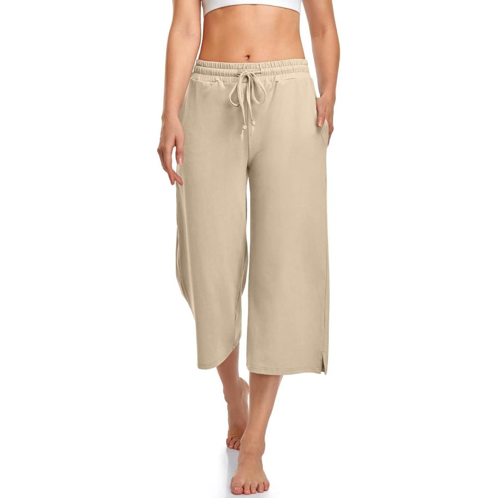 image:imageUEU Womens Capri Yoga Pants Summer Wide Leg Loose Casual Cropped Lounge Drawstring Pajama Capris Sweatpants with PocketsLight Khaki