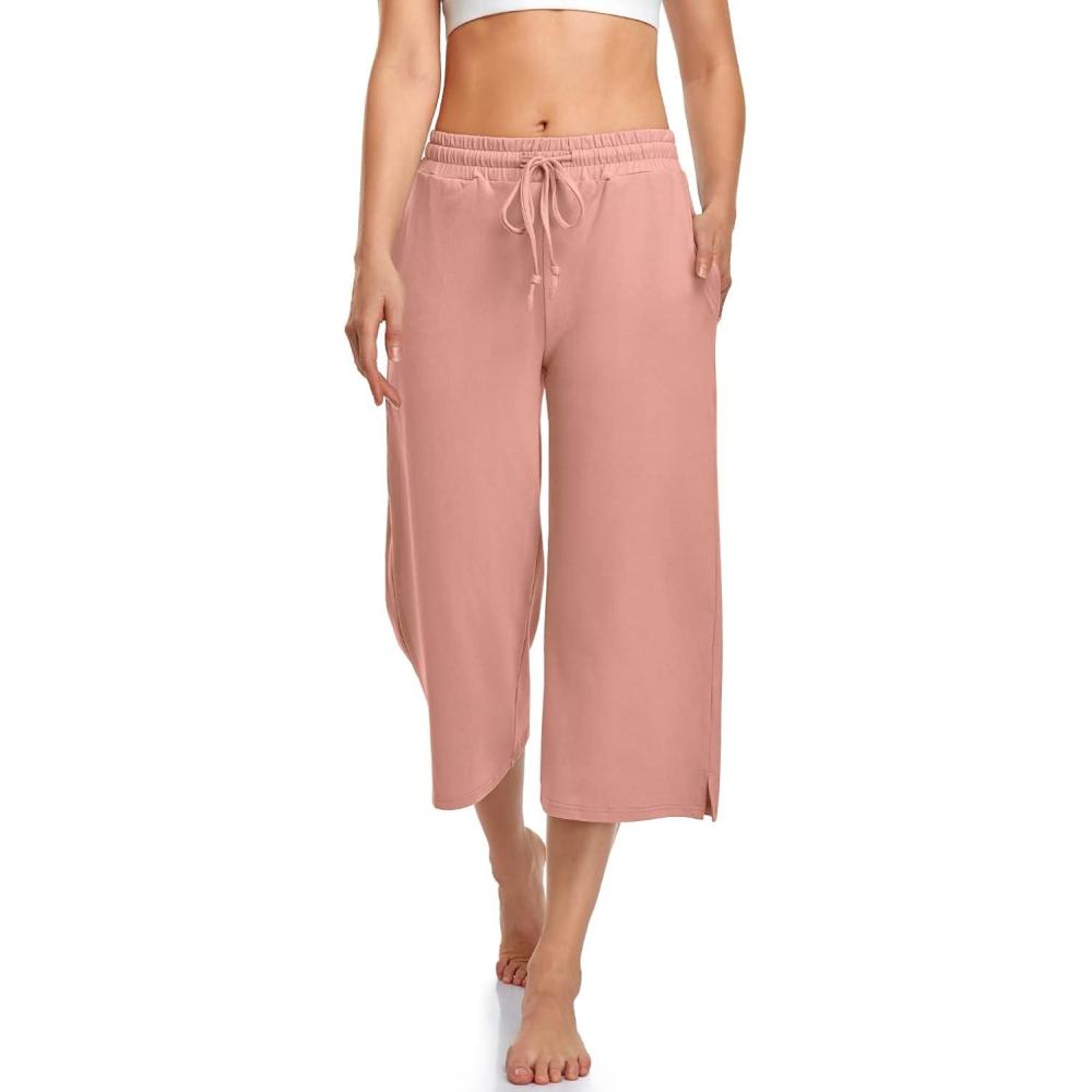 image:imageUEU Womens Capri Yoga Pants Summer Wide Leg Loose Casual Cropped Lounge Drawstring Pajama Capris Sweatpants with PocketsPink