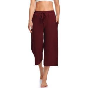 UEU Womens Capri Yoga Pants Summer Wide Leg Loose Casual Cropped Lounge Drawstring Pajama Capris Sweatpants with Pockets(Burgundy)