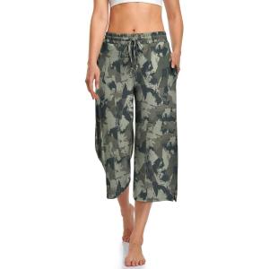 UEU Womens Capri Yoga Pants Summer Wide Leg Loose Casual Cropped Lounge Drawstring Pajama Capris Sweatpants with Pockets(Camouflage)